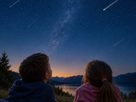 Due bambini osservano il cielo durante la notte di San Lorenzo mentre numerose stelle cadenti attraversano il firmamento.