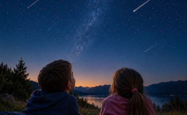 Due bambini osservano il cielo durante la notte di San Lorenzo mentre numerose stelle cadenti attraversano il firmamento.