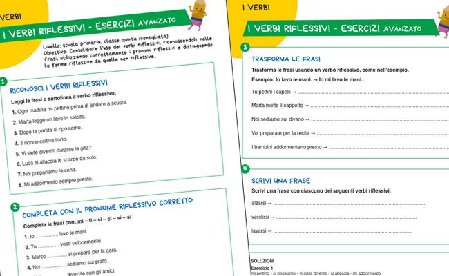 Scheda con esercizi sui verbi riflessivi per la classe quarta della scuola primaria da stampare gratuitamente.