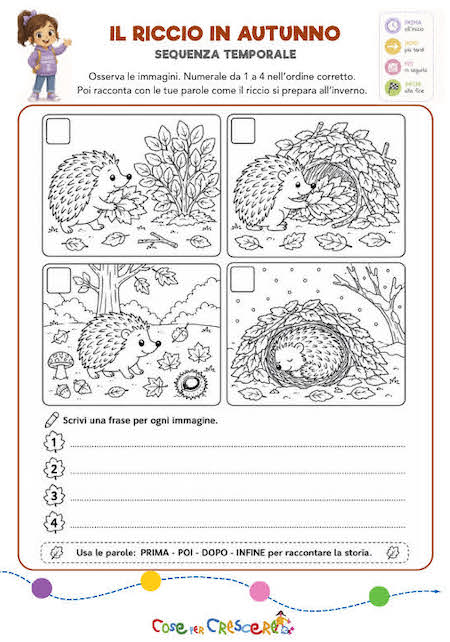 Il riccio in autunno - Sequenza temporale da stampare Scheda con la sequenza temporale del riccio in autunno da stampare per bambini della scuola primaria.