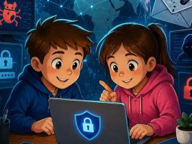 Bambini che imparano a proteggersi dagli attacchi informatici e a usare Internet in modo sicuro con l'aiuto dell'intelligenza artificiale spiegata ai più piccoli.