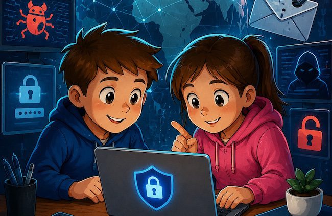 Bambini che imparano a proteggersi dagli attacchi informatici e a usare Internet in modo sicuro con l'aiuto dell'intelligenza artificiale spiegata ai più piccoli.