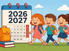 Illustrazione con un calendario scolastico 2026/2027 e tre bambini con lo zaino che camminano verso la scuola.