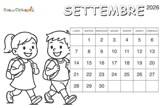 Calendario scuola 2026/2027 da stampare e colorare con illustrazioni per bambini della scuola primaria e dell’infanzia