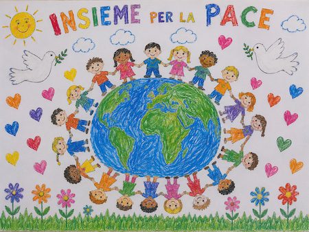 Cartellone il mondo della pace Cartellone il mondo della pace con bambini che si tengono per mano