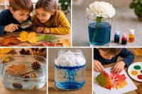 Bambini della scuola primaria che svolgono un esperimento scientifico sull'autunno osservando foglie e materiali naturali.
