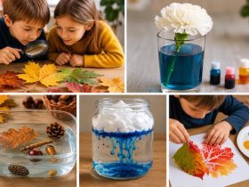 Bambini della scuola primaria che svolgono un esperimento scientifico sull'autunno osservando foglie e materiali naturali.