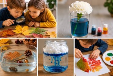 Bambini della scuola primaria che svolgono un esperimento scientifico sull'autunno osservando foglie e materiali naturali.