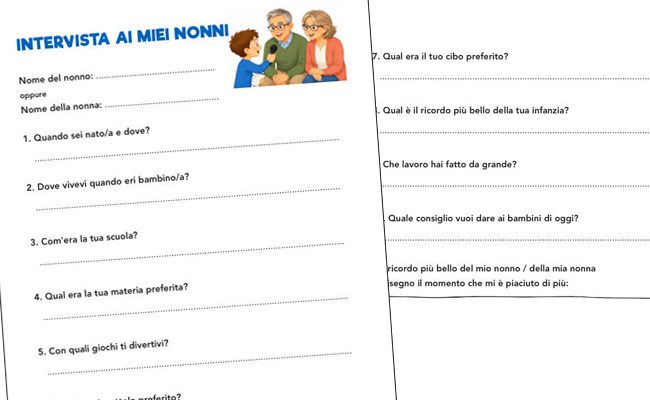 Bambino che intervista i nonni con domande sulla loro infanzia.