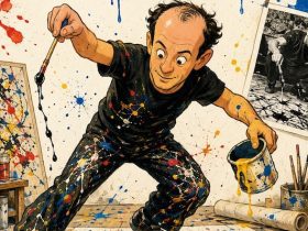Illustrazione di un bambino che dipinge come Jackson Pollock facendo gocciolare la tempera su un grande foglio con cucchiai, spazzolini e cannucce.