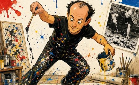 Illustrazione di un bambino che dipinge come Jackson Pollock facendo gocciolare la tempera su un grande foglio con cucchiai, spazzolini e cannucce.