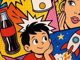 Illustrazione Pop Art per bambini con colori vivaci, fumetti, collage e oggetti di uso quotidiano ispirati alla popular art.