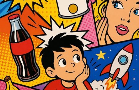 Illustrazione Pop Art per bambini con colori vivaci, fumetti, collage e oggetti di uso quotidiano ispirati alla popular art.
