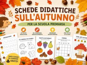 Bambini che svolgono schede didattiche sull'autunno con foglie, ricci, castagne e altri elementi della stagione.