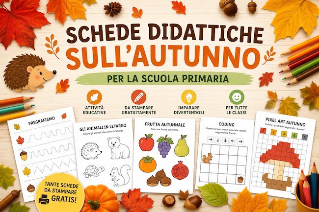 Bambini che svolgono schede didattiche sull'autunno con foglie, ricci, castagne e altri elementi della stagione.