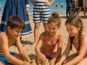 Bambini in spiaggia con costumi da bagno di epoche diverse per raccontare l'evoluzione del costume da bagno nel tempo.
