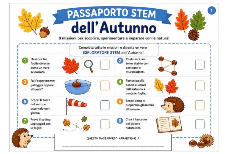 Passaporto STEM dell'autunno con 8 missioni da stampare per bambini della scuola primaria e dell'infanzia