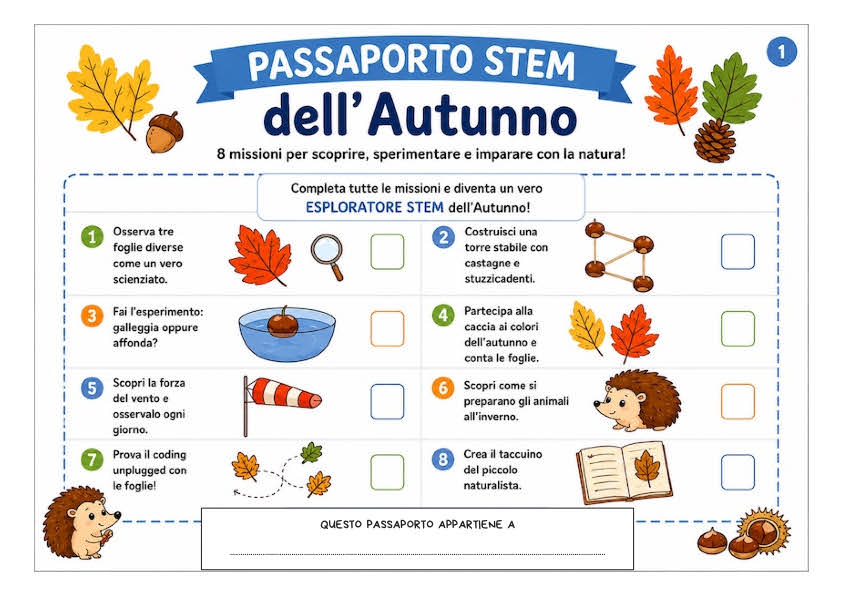 Passaporto STEM dell'autunno con 8 missioni da stampare per bambini della scuola primaria e dell'infanzia