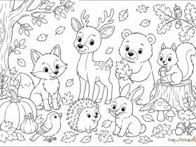 Disegno da colorare con animali autunnali del bosco: riccio, volpe, scoiattolo, cervo, orso e coniglio.