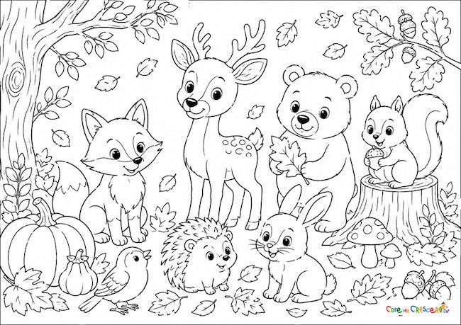 Disegno da colorare con animali autunnali del bosco: riccio, volpe, scoiattolo, cervo, orso e coniglio.