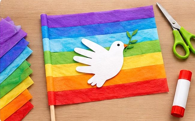 Bandiera della pace con carta velina colorata e colomba bianca, lavoretto facile per bambini della scuola dell'infanzia e primaria