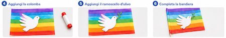 Colomba, ramoscello d'ulivo e bastoncino della bandiera della pace