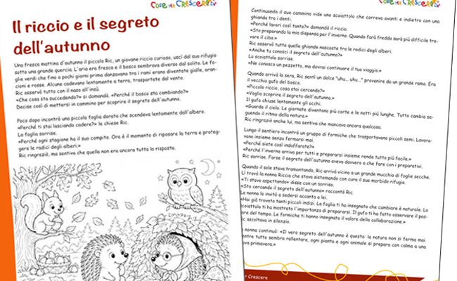 Anteprima della storia Il riccio e il segreto dell'autunno in PDF con disegno da colorare per bambini della scuola dell'infanzia e primaria