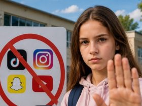 Ragazza davanti a una scuola con smartphone e cartello che vieta l'uso dei social ai minori di 15 anni. Illustrazione realistica per spiegare ai bambini la nuova legge francese.