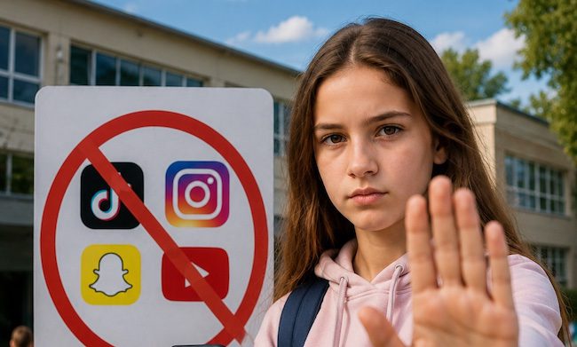 Ragazza davanti a una scuola con smartphone e cartello che vieta l'uso dei social ai minori di 15 anni. Illustrazione realistica per spiegare ai bambini la nuova legge francese.