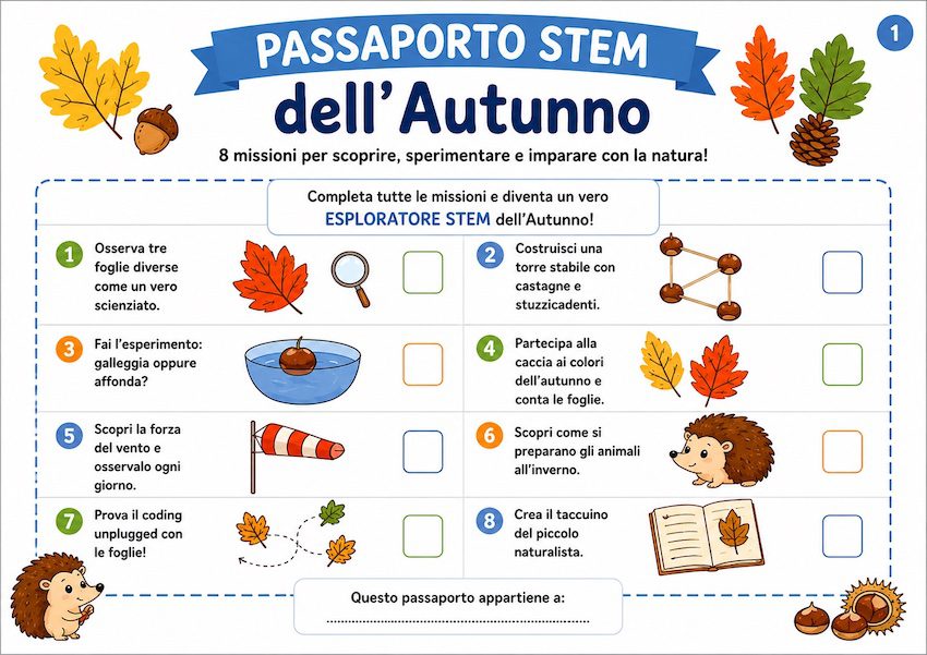 Passaporto STEM dell'autunno con otto missioni per bambini