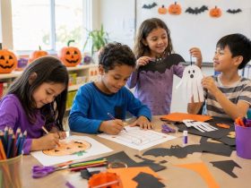 Bambini della scuola primaria svolgono attività di Halloween con disegni, coding e lavoretti