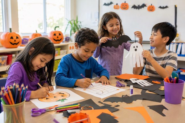 Bambini della scuola primaria svolgono attività di Halloween con disegni, coding e lavoretti