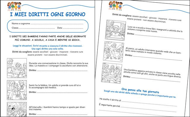 Scheda illustrata sui diritti dei bambini nella vita quotidiana per la scuola primaria