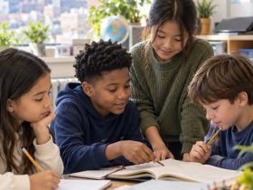 Bambini a scuola leggono, scrivono e lavorano insieme senza usare l’intelligenza artificiale
