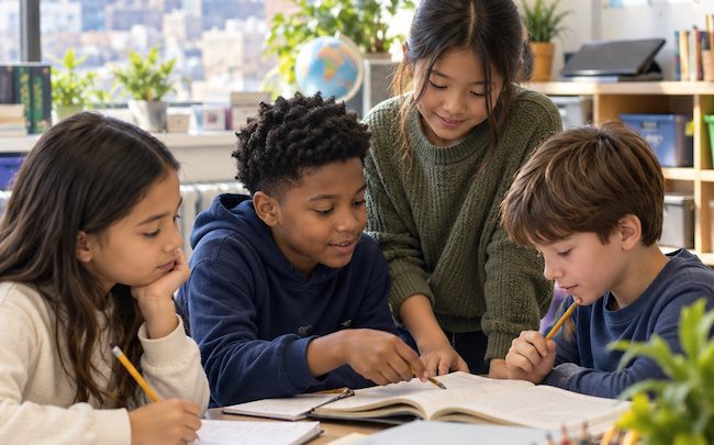 Bambini a scuola leggono, scrivono e lavorano insieme senza usare l’intelligenza artificiale