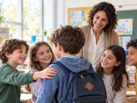 Bambini e insegnante accolgono un nuovo compagno in una classe della scuola primaria
