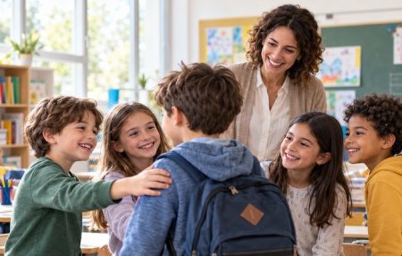 Bambini e insegnante accolgono un nuovo compagno in una classe della scuola primaria