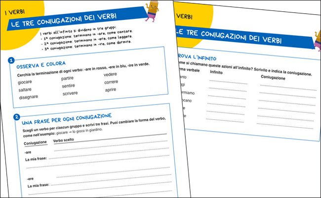 Anteprima degli esercizi sulle tre coniugazioni dei verbi da stampare in PDF