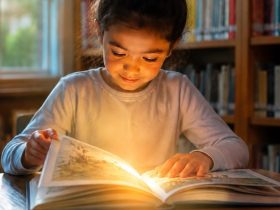 Bambina che legge un libro in biblioteca per la Giornata Internazionale dell’Alfabetizzazione