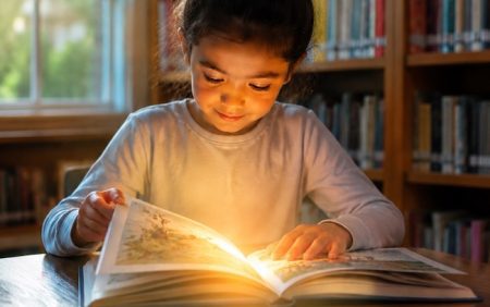 Bambina che legge un libro in biblioteca per la Giornata Internazionale dell’Alfabetizzazione