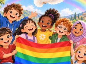 Bambini sorridenti con una bandiera arcobaleno, una colomba con il ramoscello d’ulivo e il simbolo della pace