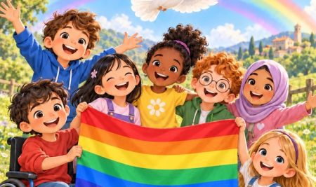 Bambini sorridenti con una bandiera arcobaleno, una colomba con il ramoscello d’ulivo e il simbolo della pace