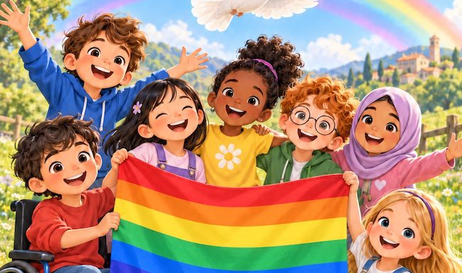 Bambini sorridenti con una bandiera arcobaleno, una colomba con il ramoscello d’ulivo e il simbolo della pace