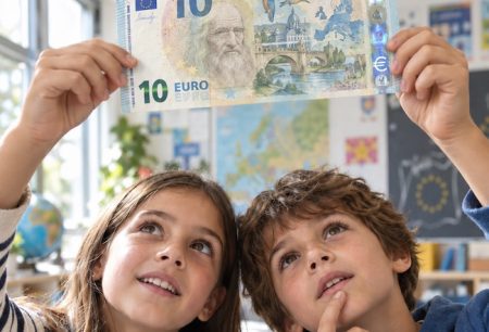 Due bambini osservano in controluce una nuova banconota da 10 euro con Leonardo da Vinci, un fiume e alcuni uccelli.
