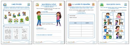 Anteprima di quattro schede del kit Vivere bene insieme: doveri, regole, lavoro di squadra e cura dell’ambiente