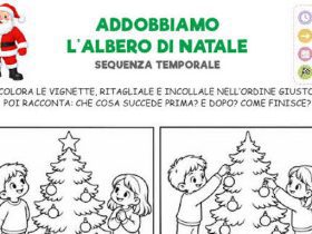 Attività sulle sequenze temporali di Natale con vignette di bambini che addobbano un albero