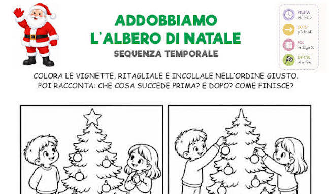 Attività sulle sequenze temporali di Natale con vignette di bambini che addobbano un albero