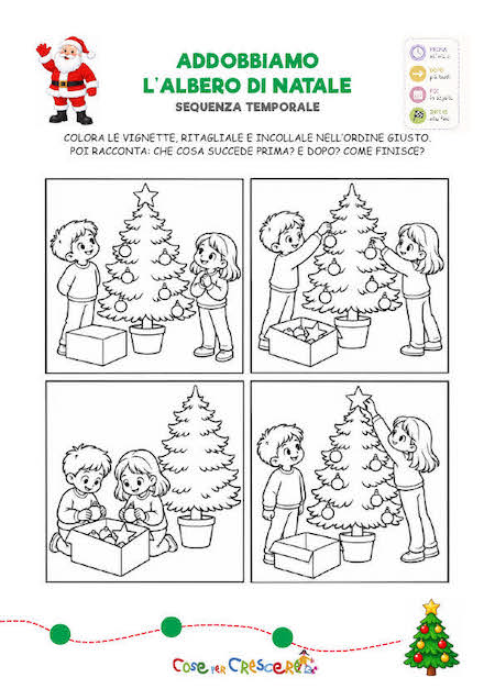 Scheda con quattro vignette mescolate di bambini che addobbano l’albero di Natale, da colorare, ritagliare e riordinare