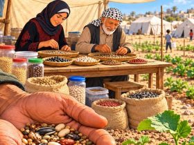 Illustrazione di mani che custodiscono semi accanto a una piantina e di due persone che organizzano la banca dei semi in una tenda a Gaza.