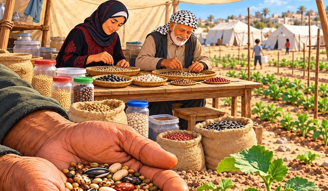 Illustrazione di mani che custodiscono semi accanto a una piantina e di due persone che organizzano la banca dei semi in una tenda a Gaza.